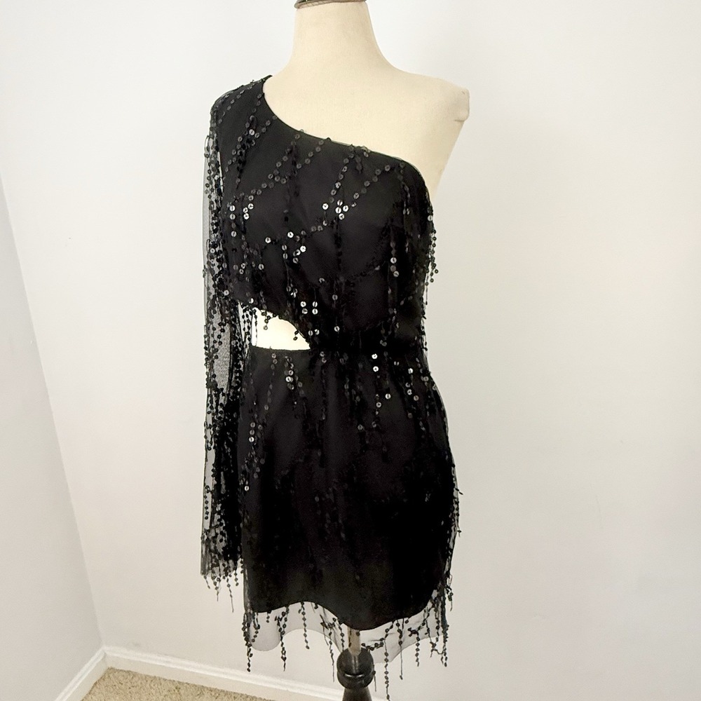 LUCY IN THE SKY Black Sequin One Shoulder Mesh DRESS L HOCO Whimsigoth Vamp Sexy - Picture 14 of 16